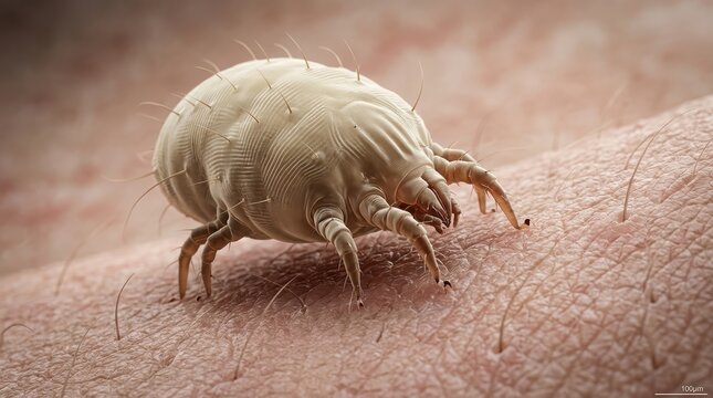 Closeup microscopic view of a scabies mite on human skin