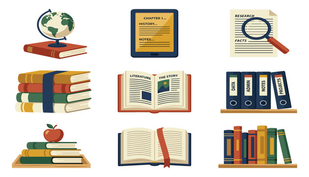 Education and library books collection with textbook stacks globe magnifier research papers open novels and e-reader vector illustration