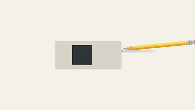 Graphic design concept of a simple presentation slide with a dark square and a pencil drawing a border around it, minimalist visual