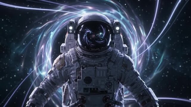 Astronaut drifting toward glowing black hole portal in deep space