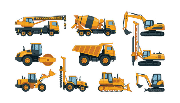 Heavy construction machinery and vehicles collection with yellow excavator dump truck bulldozer crane and road roller vector illustration