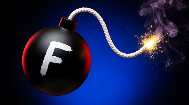 Black round explosive bomb featuring white painted letter f with burning fuse against blue gradient background