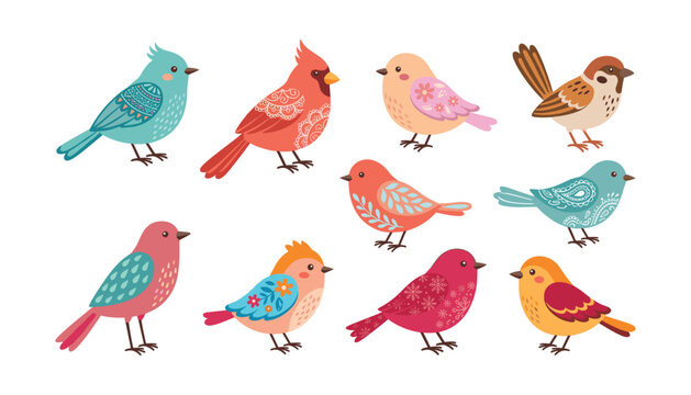 Cute colorful garden birds collection with folk art floral patterns decorative songbirds and finches flat vector illustration set