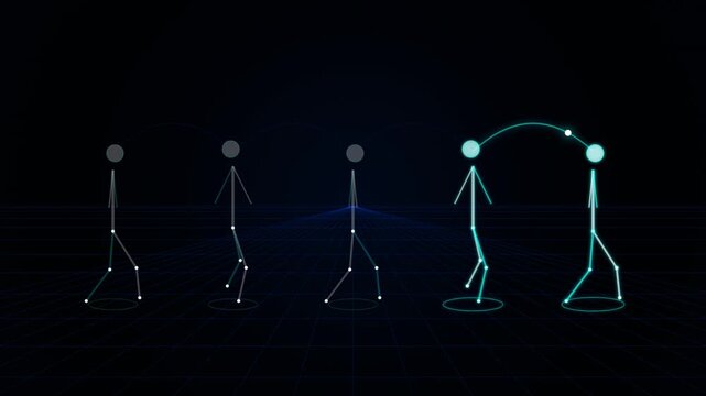 Digital stick figure figures walking in sync with glowing connection arcs across a dark gridded perspective cyber floor background