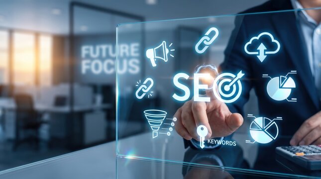 Search engine optimization concept with businessman touching SEO text on transparent screen, digital marketing strategy icons, future focus technology in office, web analytics growth