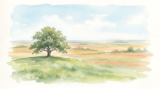 A single green oak tree standing on a grassy hill in a peaceful meadow landscape painted with soft watercolors
