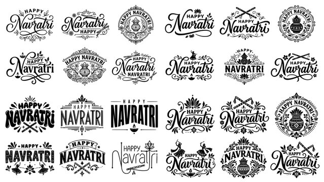 Collection of decorative typography and badges for the hindu festival of happy navratri with traditional indian motifs