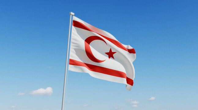 Wavy Turkish Republic of Northern Cyprus Flag and Clear Blue Sky