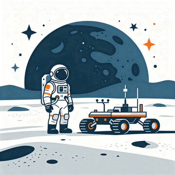 Minimalist flat illustration of an astronaut and a lunar rover on the moon's surface against a backdrop of a large planet and stars.