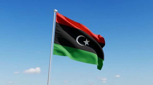 Wavy Libya Flag and Clear Blue Sky