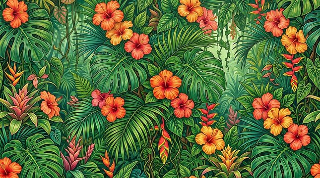 Beautiful tropical pattern with colorful hibiscus flowers and lush green jungle palm leaves in a seamless design