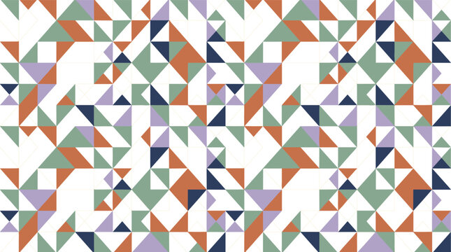 Geometric seamless pattern background featuring abstract mosaic tiles with colorful triangles in terracotta green purple and navy blue on white backdrop