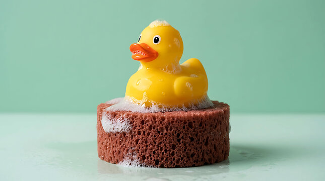 A cute yellow rubber duck sitting on a brown bath sponge with white soap bubbles