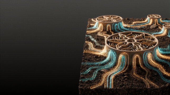 Subterranean ecosystem featuring intricate geometric mud tubes and glowing fiber optic ventilation channels spreading through dark soil from multiple central nests