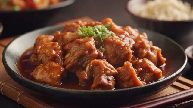Gourmet Pork Stew served in dark bowls with rice on wooden table during soft studio lighting