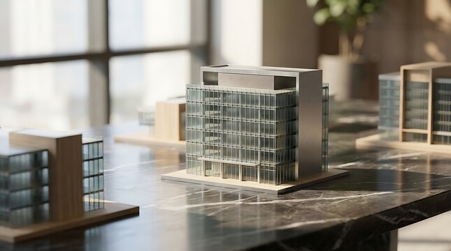 A professional architectural model of a modern office building on a marble table designed for aca plans review.
