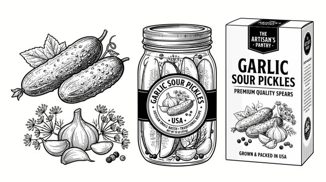 Very beautiful black and white realistic vector product set featuring cucumbers, garlic cloves, dill, peppercorns, sour pickle spears, glass jar and pantry packaging. Label: "GARLIC SOUR PICKLES &bull; USA