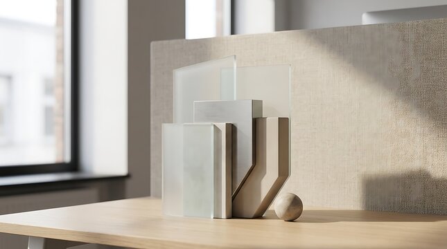 Minimalist desk sculpture highlighting aca plans with glass and wood design elements in daylight interior