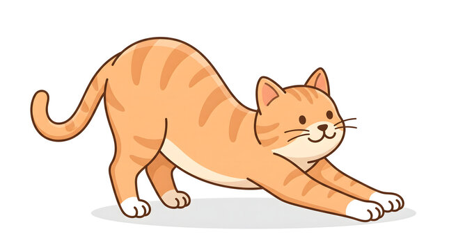 Cat stretching its body forward with an arched back and extended front legs on a transparent background.