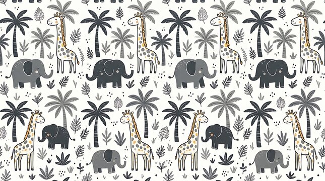 Seamless pattern with cute giraffes and elephants in a tropical palm tree forest hand drawn style illustration