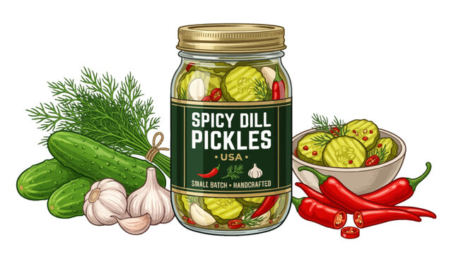 Very beautiful realistic vector product set featuring cucumbers, garlic cloves, dill, peppercorns, sour pickle spears, glass jar and classic pantry packaging. Label: "GARLIC SOUR PICKLES &bull; USA" no gra