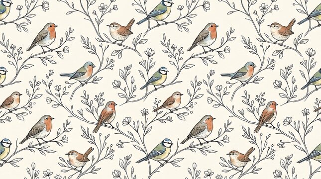 Seamless pattern with cute small birds sitting on floral tree branches in hand drawn sketch style