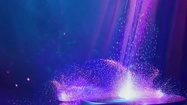 Empty round podium on a purple stage with sparkling particles and light beams, product display mockup, festive award scene, luxury presentation backdrop.