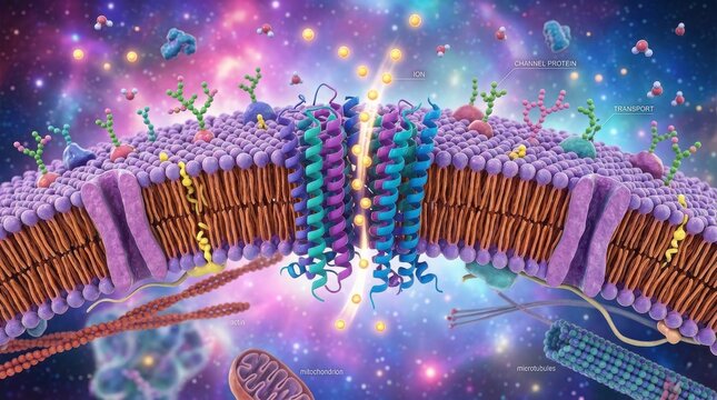 Cell membrane structure with ion channel protein and transport mechanism