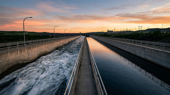 Stunning sunset view of a hydroelectric dam with flowing water and walkway