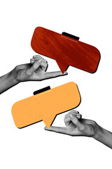 Obraz premium Vertical photo collage hands body fragments textbox communication phrase cite dialog conversation speech drawing background