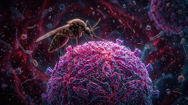 A mosquito perched on a large, textured virus particle