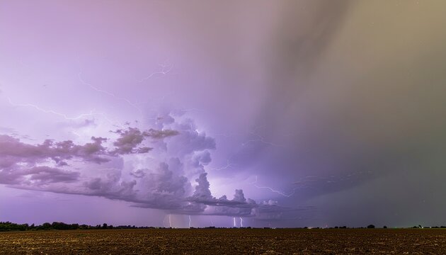 Thunderstorm Majesty: A powerful thunderstorm looms, casting dramatic purple and yellow hues across the sky as lightning strikes illuminate the turbulent clouds above a flat, open field.