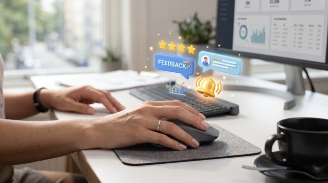 Person using computer mouse with floating icons of feedback, stars, notification bell and charts on screen, concept of customer review, rating and digital marketing.