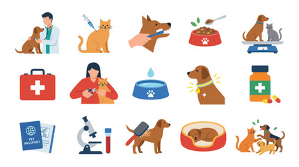 Fototapeta premium Pet Care Veterinary Icons Set Flat Design, Animal Health Clinic Services
