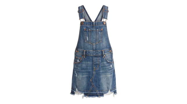 Blue denim overall pinafore dress on white background