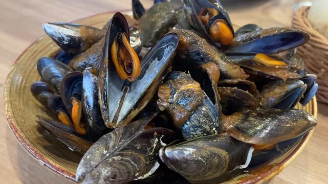 Cooked Mussels Served Fresh and Ready to Eat