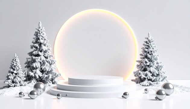 Winter festive display with illuminated circle and silver spheres.