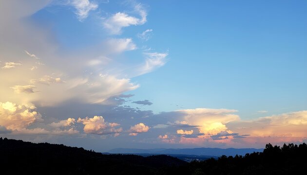 Majestic Sunset Sky: Dramatic clouds paint the sky in hues of orange, pink, and gold as the sun dips below the horizon, casting a warm glow over rolling hills.