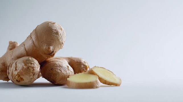 Fresh ginger root and slices on white background for culinary and health concepts