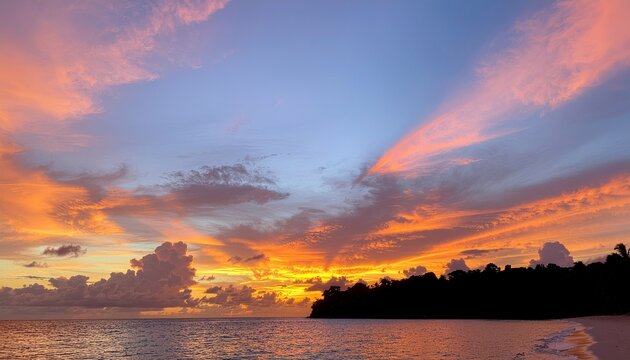 Tropical Sunset Serenity: A breathtaking tropical sunset paints the sky with vibrant hues of orange, pink, and purple.
