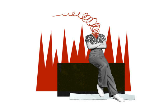Composite trend artwork sketch collage of&nbsp;red black white color fragment young lady headless doodle mess smoke up stand model posing