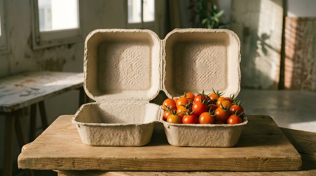 Fresh red cherry tomatoes inside biodegradable molded pulp container on rustic wooden board.