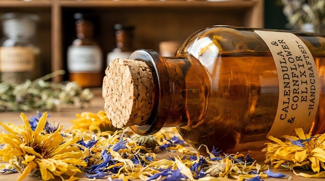 Amber glass bottle with cork stopper and handcrafted herbal elixir label, surrounded by dried calendula and cornflower petals