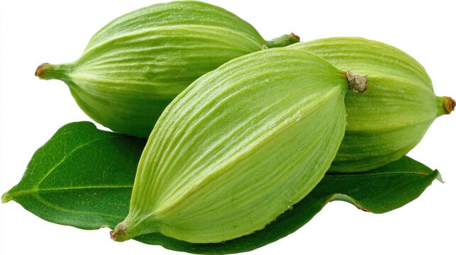 Fresh green cardamom pods with leaves isolated on white background