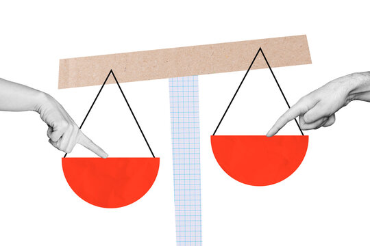 Creative photo collage geometry figures scales platform weight hands body fragments pointing finger stability spheres measure