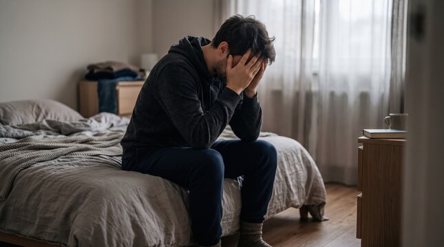 Depressed man sitting on bed holding head in hands feeling stressed and anxious in dim bedroom, mental health struggle, sadness, despair, burnout, emotional pain concept