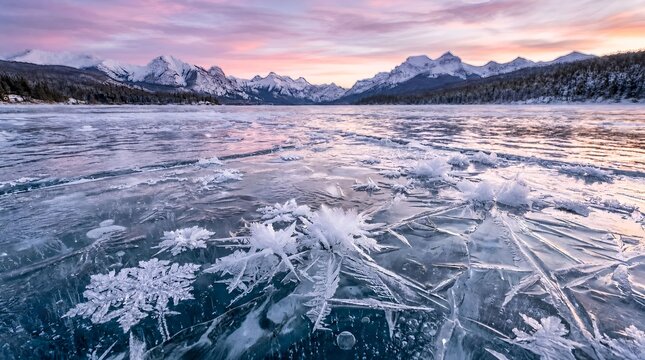 Detailed ice crystals and frost flowers on a frozen lake surface with distant winter mountains at sunrise, Generative AI