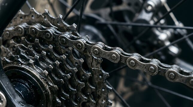 Close-up of a bicycle chain and gear cassette on a rear wheel