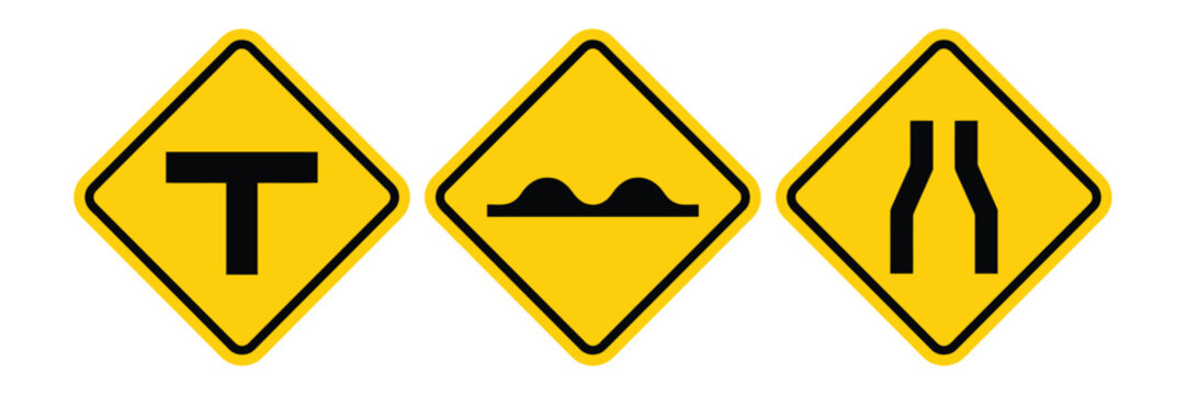 Traffic caution road signs collection. Modern warning symbols featuring T junction, hump ahead and narrow roadway indicators for driving safety.