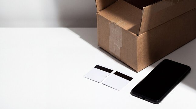 Sliced Credit Card next to Shipping Box on White Background for E-commerce Fraud Prevention Banner